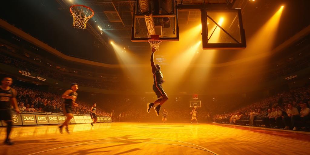 Basketball player dunking in a packed arena