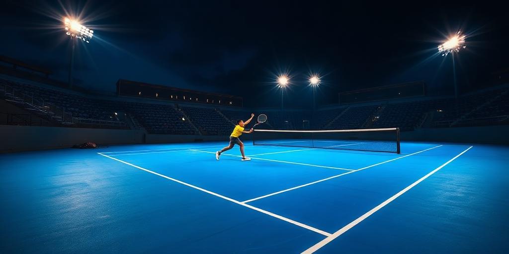 Tennis player serving on a floodlit court